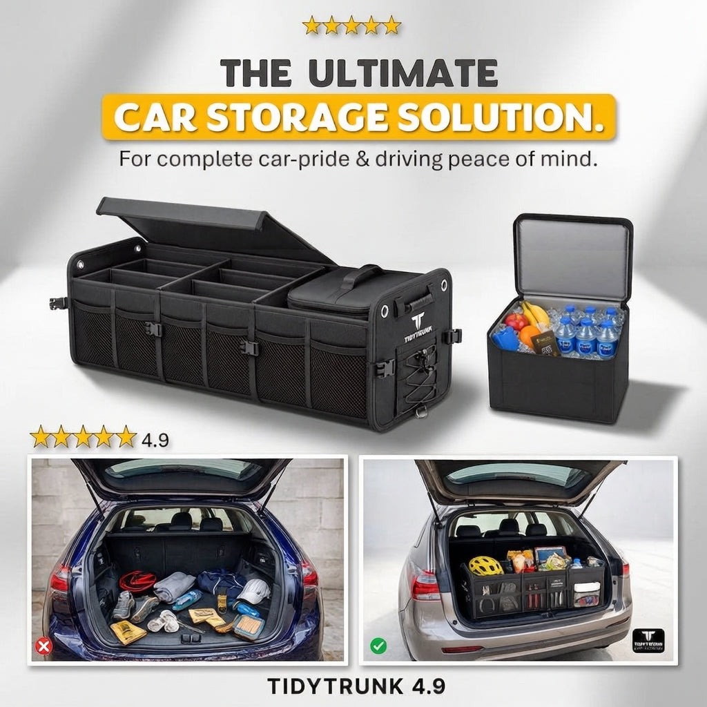 A promotional graphic for the Tidy Trunk 4.9 rated car storage organizer, showing trunk with ajar lid exposing inner compartment sections and cooler bag, and a before & after images of messy boot and tidy boot.